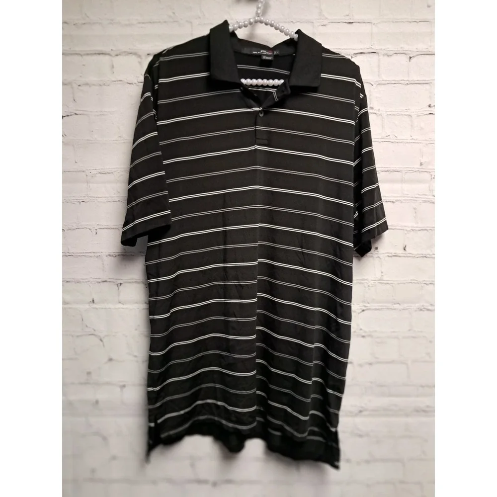 Ralph‎ Lauren Large White And Gray Striped Black Polo-Mens Large